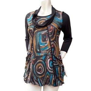 Yvonne Marie Tunic Top Abstract Print Cowl Neck Pockets 3/4 Sleeve Whimsigoth  M